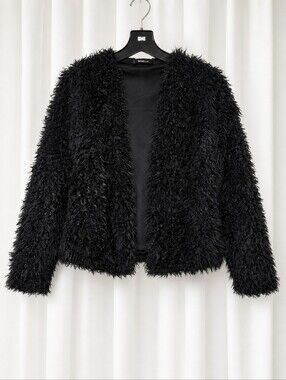 Gina Tricot Black Shaggy Faux Fur Cropped Open Front Soft Plush Cardigan Jacket